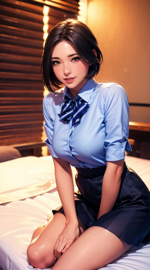 (highest quality),(masterpiece),(High resolution),(Watching the audience),On the bed,There is no one in the background,(Big Breasts),Slender,Narrow waist,Thin legs,1 high school girl,Blazer uniform,mini skirt,(legs open to the sides),Ecstasy,(Feeling facial expression),Embarrassed expression,(A woman straddles),(Having sex),(A penis is inserted into the),(The perspective of a man having sex),(cowgirl position),A scene of a high school girl being raped