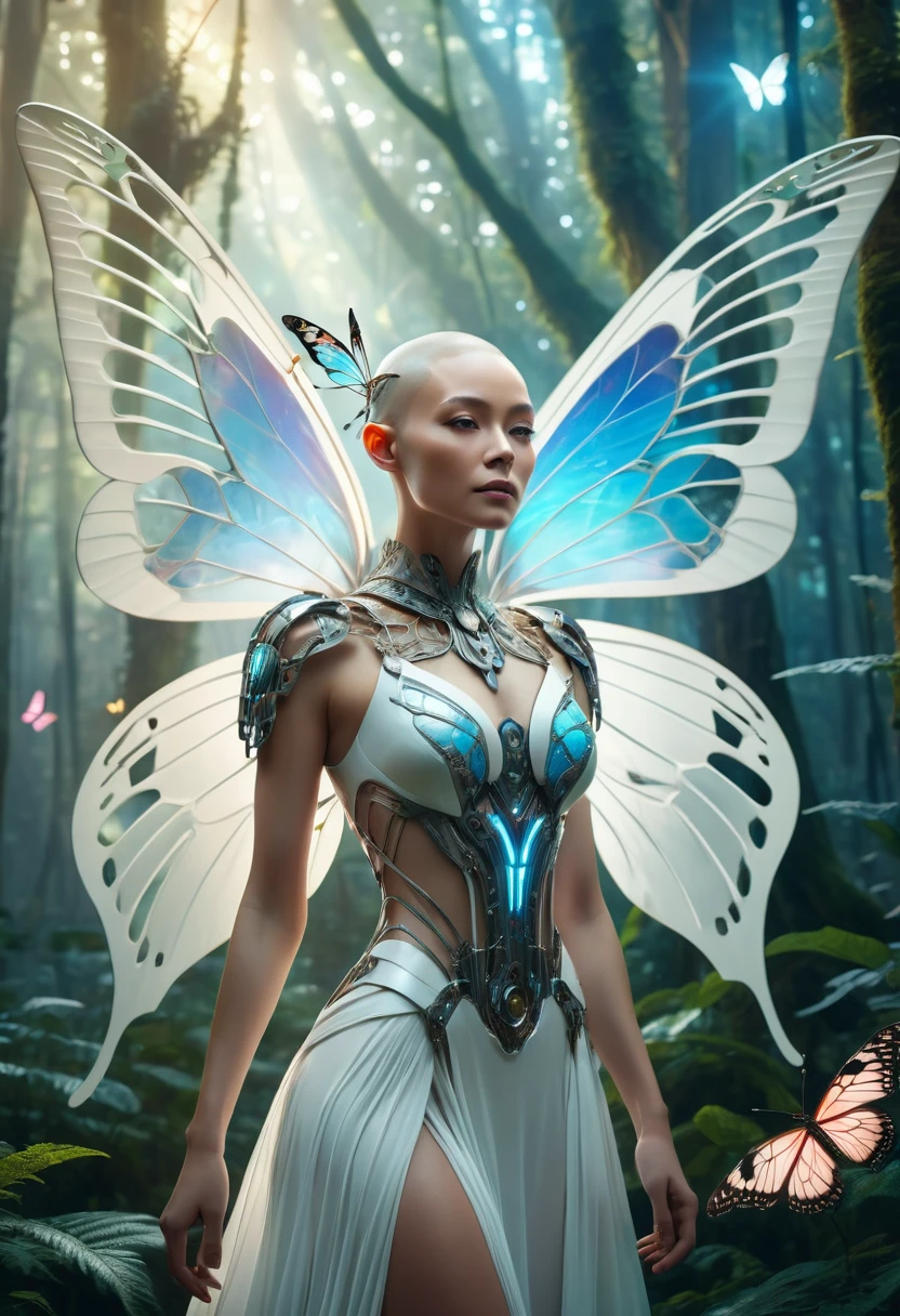 a beautiful cyborg woman with a shaved head wearing a thin white dress, with large butterfly wings, in a fantasy forest setting, highly detailed, masterpiece, 8k, photorealistic, cinematic lighting, vibrant colors, intricate mechanical details, ethereal, mystical, whimsical