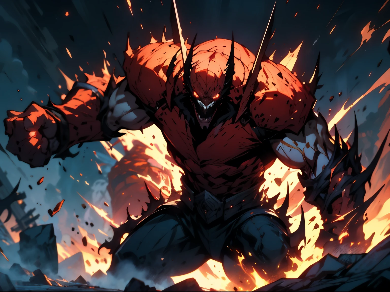 a red-skinned, 4-armed, extremely strong, uncontrolled Berserker-style warrior, highly detailed intricate character design, muscular male figure, ferocious expression, wild hair, glowing red eyes, sharp fangs, battle-worn armor, various deadly weapons, dark dramatic lighting, apocalyptic background, cinematic composition, realistic rendering, epic fantasy art, digital painting