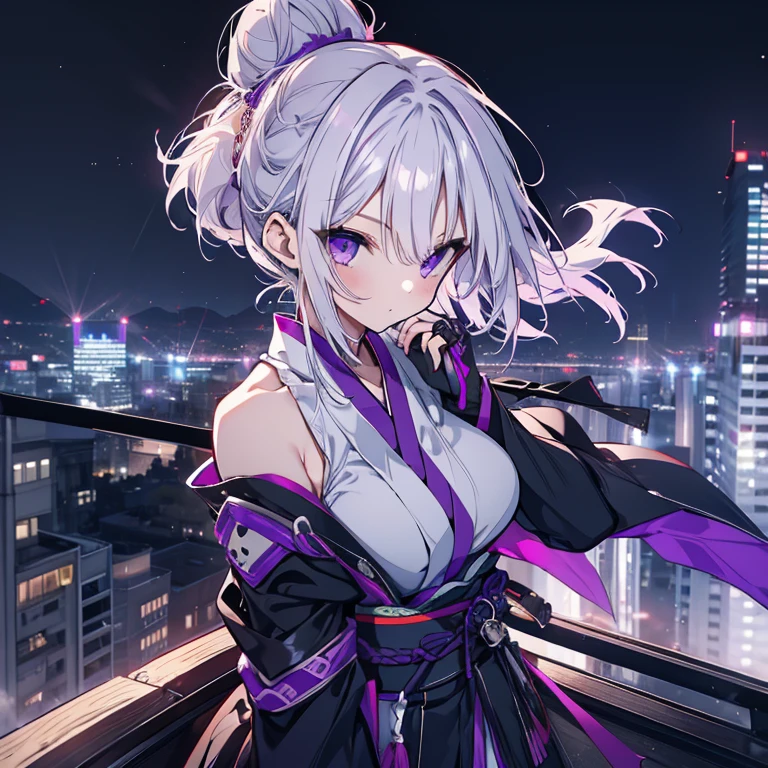 ((8k, Highest quality, masterpiece: 1.3)),Ultra-high resolution,(1 girl, alone), (Color changing eyes, Ultra-detailed, Expressive brilliance, Glitter, Glowing Eyes), Highly detailed eyes, Highly detailed face, Random Hair, ((pastel colour)),A mysterious young woman with pastel lavender hair styled into a high ponytail, dressed as a stealthy ninja. She wears a black, skin-tight suit with silver accents, a face mask covering her mouth, and a katana strapped to her back. The camera captures her from a side angle as she crouches on a rooftop at night, the moonlight casting shadows on her figure. Her eyes are sharp and focused as she surveys the area below, ready to strike at any moment. The background features a traditional Japanese village, with lanterns softly glowing and the silhouette of distant mountains under the night sky.