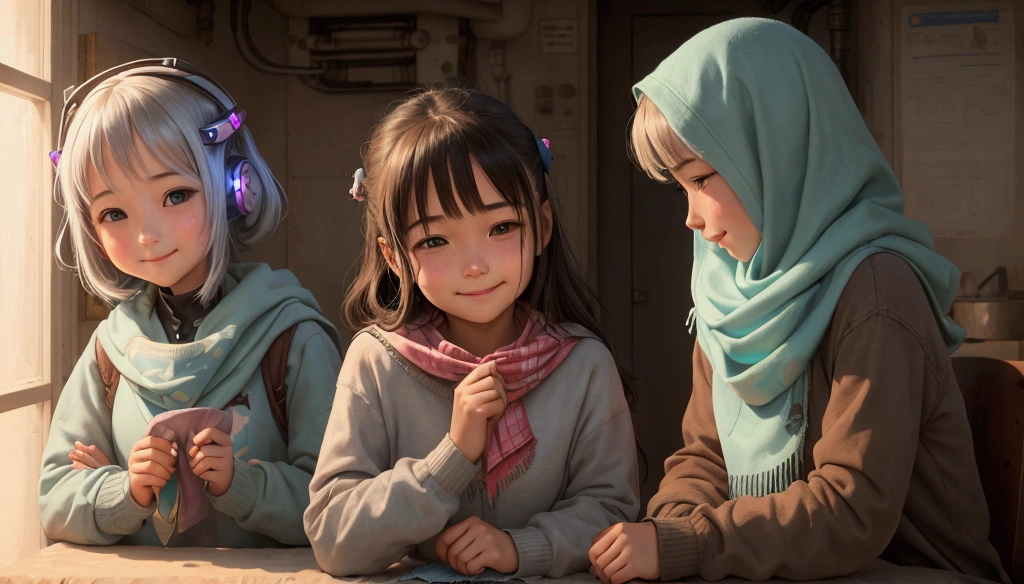 Robot arm, gives a handkerchief to a girl who has a cold . The girl smiles gratefully