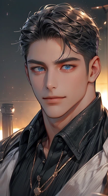 (best quality,4k,8k,highres,masterpiece:1.2),ultra-detailed,(realistic,photorealistic,photo-realistic:1.37),1 man,31 years old,mature man,very handsome,without expression,smile,short grey black hair,blue eyes,penetrating gaze,perfect face without errors,imposing posture,businessman,office background,cinematic lighting,hdr image