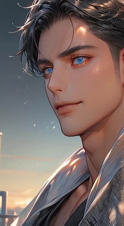 Manhwa oil painting realistic, digital art, male character, young, light brown scalp, buzz cut, short hair with thin tips on the forehead, cyan blue eyes, relaxed, round face, body defined and muscular body, beach background
