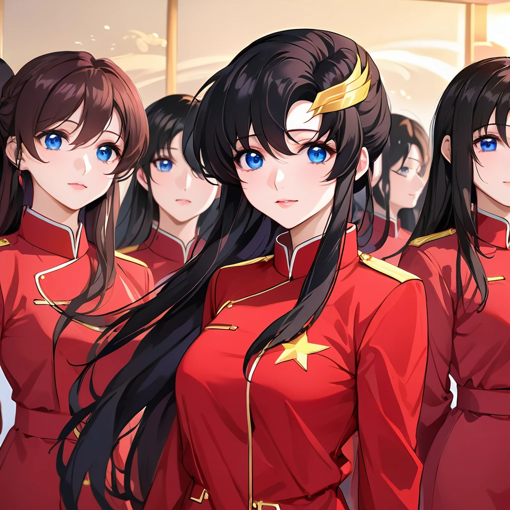 (Higher resolution, distinto_imagen), mejor calidad, obra maestra, altamente detallada, semi realista, a woman with long brown hair, mujer madura, flequillo triple, uniforme negro, Uniforme militar, medallas, Magnificent military uniform, mujer hermosa, sala de control, comandante