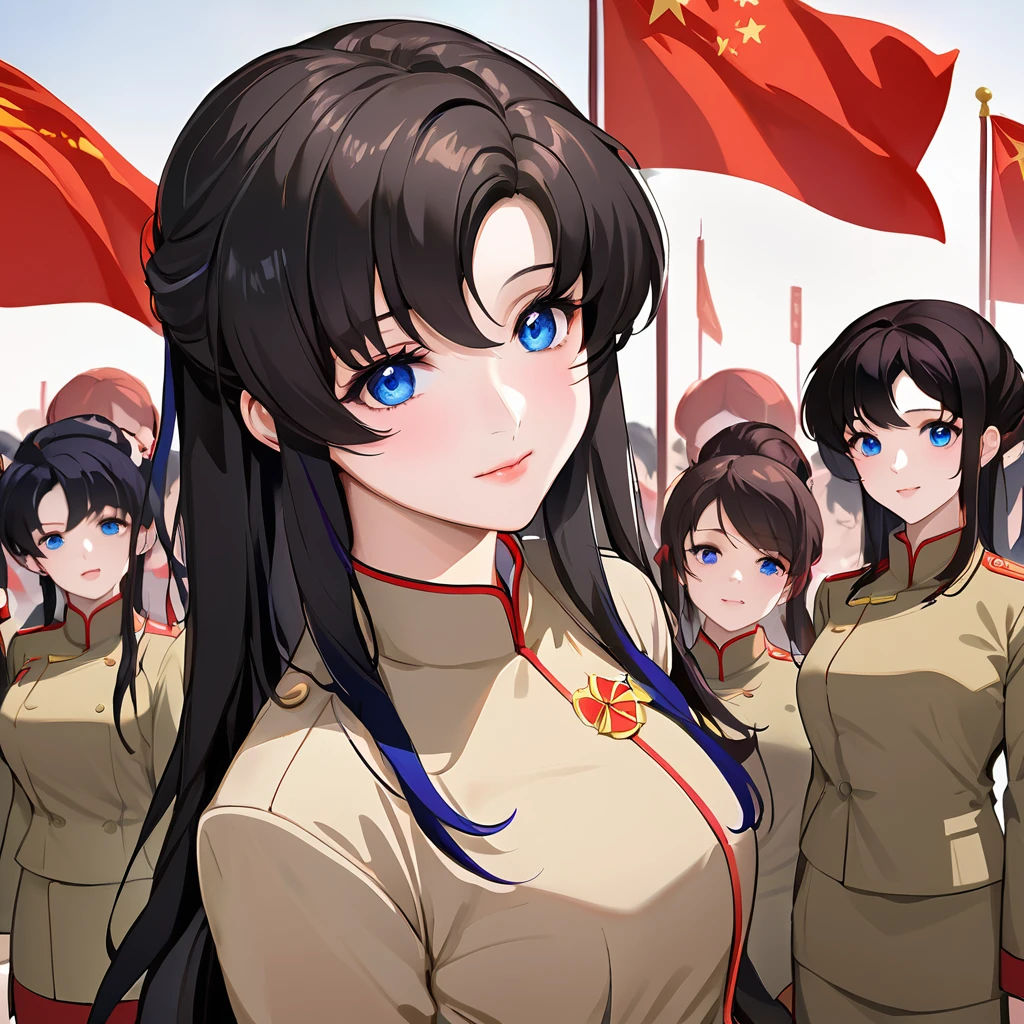 ((Highest quality)), ((masterpiece)), (detailed), （Perfect Face）、The woman is a Chinese Lacus Clyne with blue eyes and medium-long black hair. She is wearing an engagement ring. She has become a member of the glorious Chinese Communist Party and has sworn absolute loyalty to the Chinese Communist Party. She is a righteous Communist Party member of China.、The woman is a member of the Chinese Communist Party and is wearing a khaki Mao suit.、For the sake of China, they dye their hair, hairstyle, clothes, and everything they wear belongs to the Chinese Communist Party, and their thoughts are also Chinese, becoming great Chinese in body and mind.、The woman became Lacus Clyne, a Chinese woman who was proud of and loved China.、She is working for China as a member of the great Chinese Communist Party.、Women and fellow Communist Party members line up in an orderly fashion at the ceremony to pledge allegiance to the great President of the Nation.