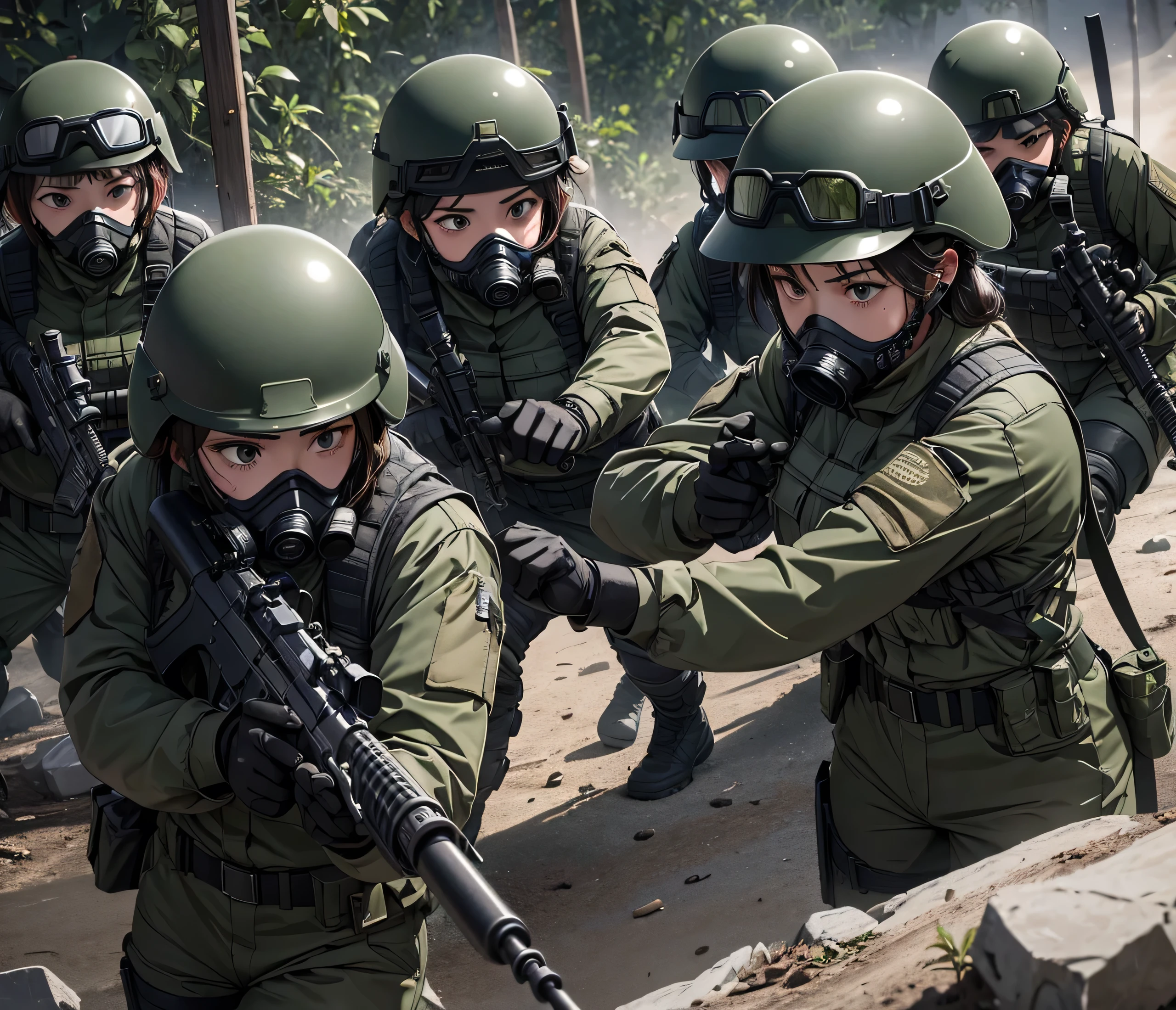 A group of female special forces fighting each other with bare hands、All in dark green military uniforms、Wear a steel helmet、Wear goggles、wearing gas masks、Knee pads、Write details,、masterpiece,、best quality,、Highly detailed CG、8K quality