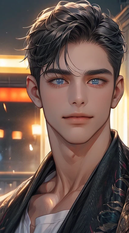 (best quality,4k,8k,highres,masterpiece:1.2),ultra-detailed,(realistic,photorealistic,photo-realistic:1.37),1 man,31 years old,mature man,very handsome,without expression,smile,short grey black hair,blue eyes,penetrating gaze,perfect face without errors,imposing posture,businessman,office background,cinematic lighting,hdr image