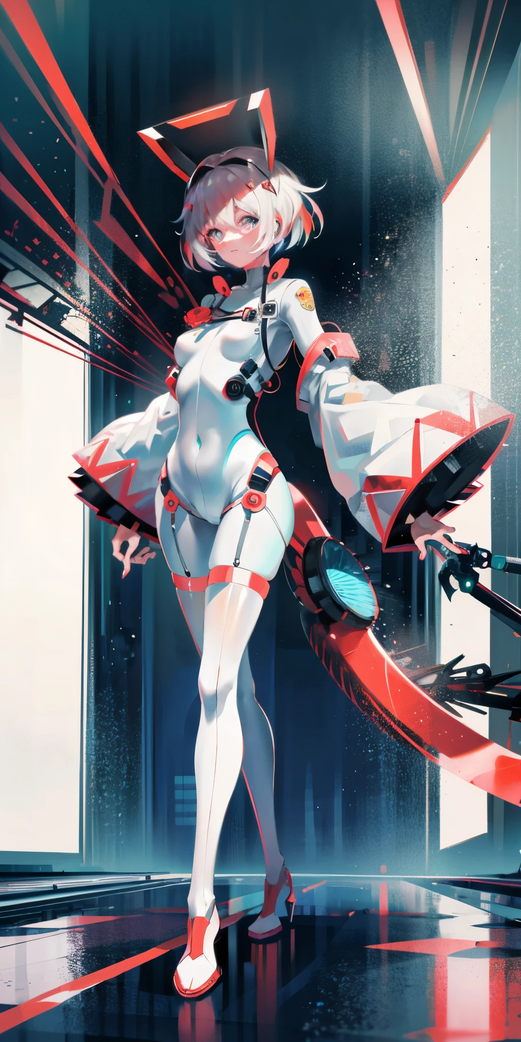 (Best quality:1.2),1 girl,Alone,permanent_,Ayanami Rei,White jumpsuit,Red Eyes,Pilot suits,short hair,Blue Hair,Bangs,Interface Headphones,turtleneck sweater,Hair between the eyes,Pixelated background,Neon lights,Sci-fi color scheme,Vibrant colors,Metallic,Detailed shadows,Holographic interface,Dark atmosphere,High contrast,Clear focus,A strand of hair,shiny reflective surfaces,Exquisite details,high resolution,Studio Lighting,Red embellishment,Lighting environment,Artificial intelligence assistant