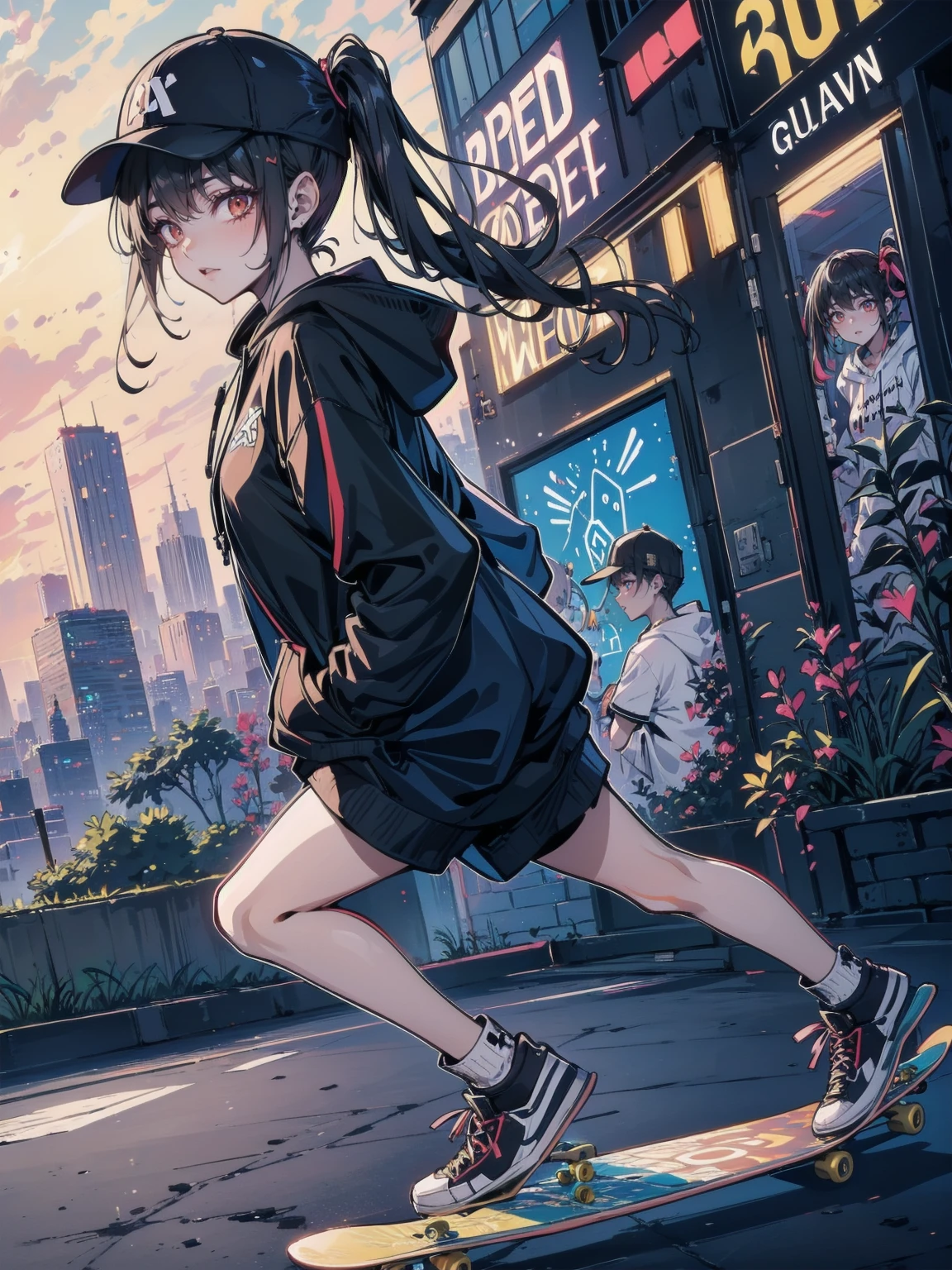One Woman((Skateboarder,Black hoodie)) background,(Golf Driving Range,concrete) Wear a cap or hat,Skateboarding Woman,(Black Hair,Side Ponytail,Red eyes,Super Shine) Anime Style,Overall view Wind blowing Low angle