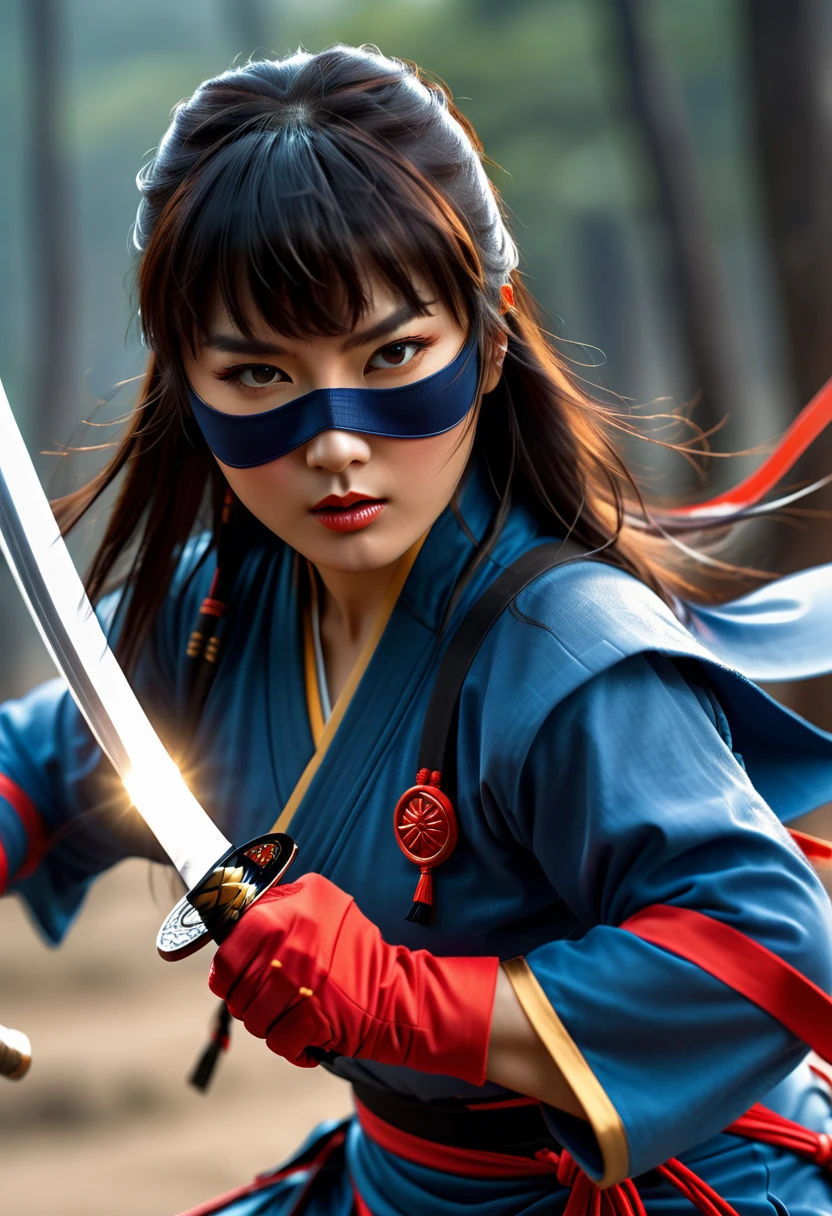 superhero, modern super hero costume, ninja, ninja costume, ninja mask on the face, With a Chinese sword, Jin sword,with a Chinese sword, Beautiful Chinese woman, Chinese woman with bangs, courageous character, Kind, Brave, determination, on the battlefield, atmospheric perspective, Motion blur, 8k, super detailing, Best quality, uhd, high detail