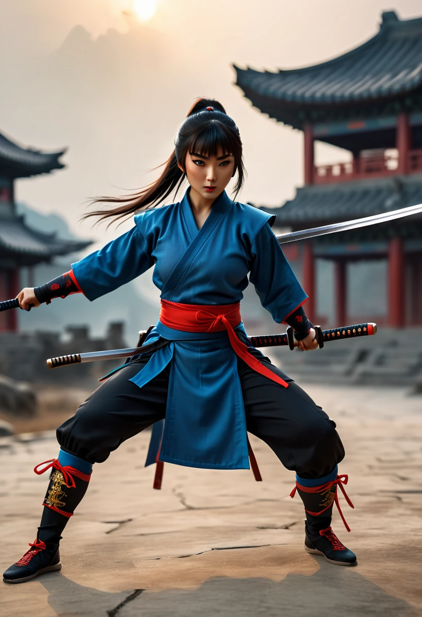 superhero, modern super hero costume, ninja, ninja costume, ninja mask on the face, With a Chinese sword, Jin sword,with a Chinese sword, Beautiful Chinese woman, Chinese woman with bangs, courageous character, Kind, Brave, determination, on the battlefield, atmospheric perspective, Motion blur, 8k, super detailing, Best quality, uhd, high detail