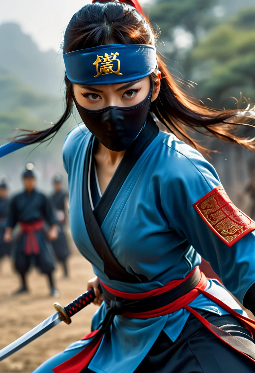 superhero, modern super hero costume, ninja, ninja costume, ninja mask on the face, With a Chinese sword, Jin sword,with a Chinese sword, Beautiful Chinese woman, Chinese woman with bangs, courageous character, Kind, Brave, determination, on the battlefield, atmospheric perspective, Motion blur, 8k, super detailing, Best quality, uhd, high detail