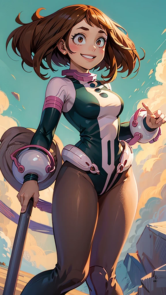 uraraka ochako, My Hero Academia style, wide hips, sexy, skinny, brown short hair, Showing ass, half naked, colorful background, laying smiling.