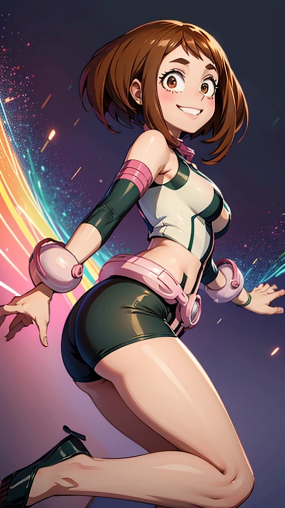 uraraka ochako, My Hero Academia style, wide hips, sexy, skinny, brown short hair, Showing ass, half naked, colorful background, laying smiling.