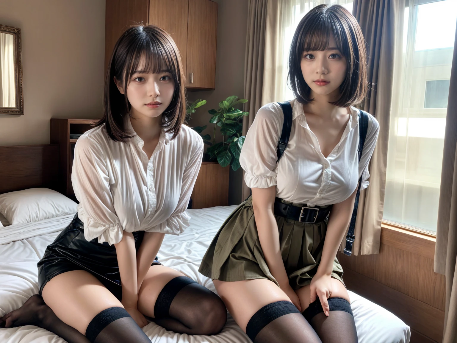 masterpiece, best quality, illustration, Super detailed, fine details, High resolution, 8K,wall paper, perfect dynamic composition,(Details High quality, realistic depiction of eyes:1.3), (2 girls), holster, bobby, Cutter shirt, a belt, suspenders, pleated skirt, garterbelts, knee high Stockings, sitting, open legs, short bob hair, in a hotel room in the background, deep on field, large breasts, black hair color, Big Natural Color Lip, (perfect body shape), crying a little、Harajuku style、20 year old girl、cute type、beautiful legs, Gravure Idol