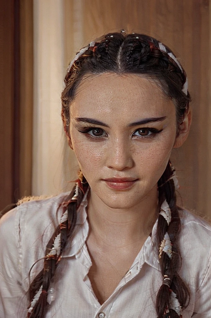 Christina Chong beautiful face, narrowed eyes. smirk. black braided hair