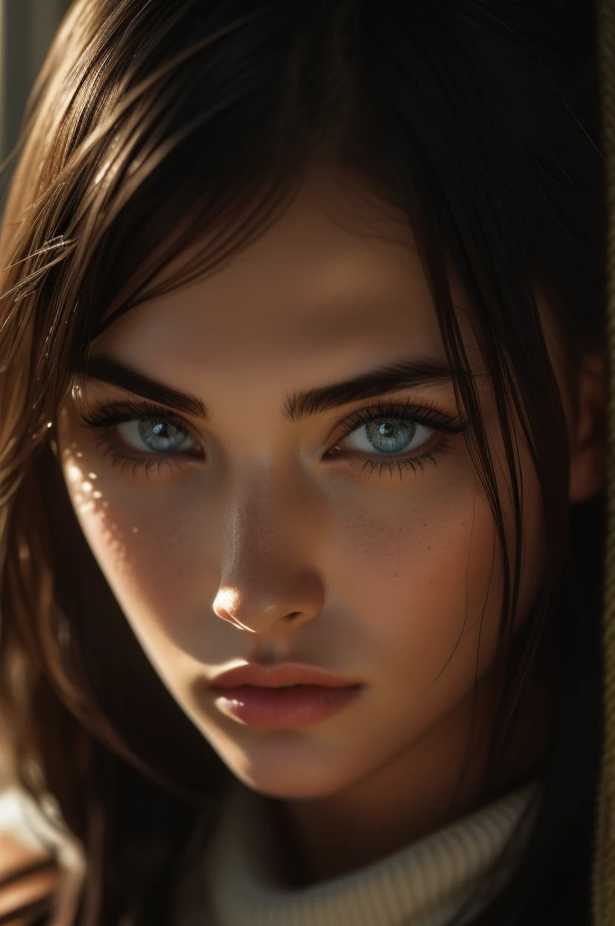 Megan Fox, portrait, ultra-detailed Nordic eyes, bangs, knit sweater, (((masterpiece, ultra-detailed face))).