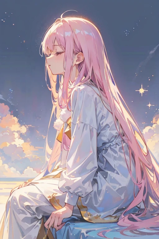 soft, Flowing hair, Wearing white, Flowing, Long clothes, No accessories included, profile, Sitting on a fluffy cloud. The artwork is soft, Pastel colours mixed with blue, blue, pink. Images should be of the highest quality, Ultra-detailed, Realistic, and photoRealistic. The art style should focus on portraiture. The lighting creates a calm atmosphere, Dreamy atmosphere.A short-haired girl closes her eyes and embraces a bright, shining star.