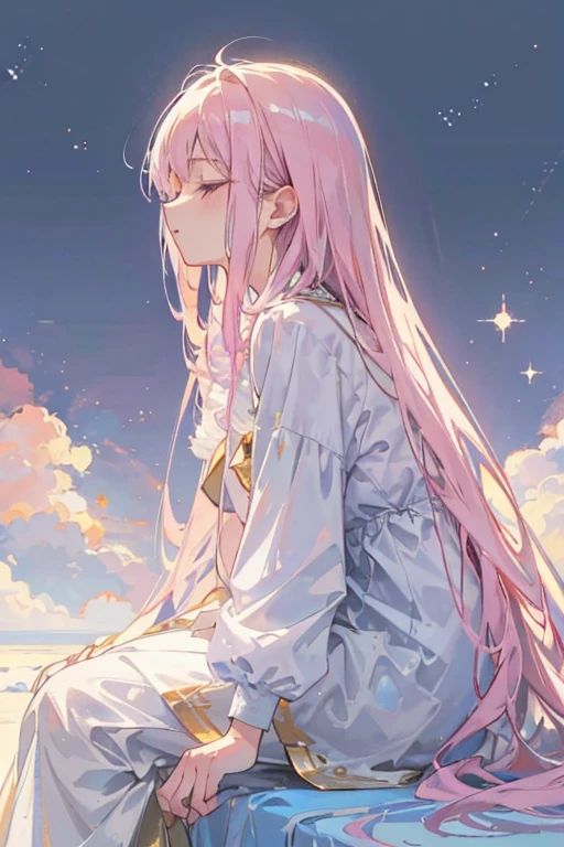 soft, Flowing hair, Wearing white, Flowing, Long clothes, No accessories included, profile, Sitting on a fluffy cloud. The artwork is soft, Pastel colours mixed with blue, blue, pink. Images should be of the highest quality, Ultra-detailed, Realistic, and photoRealistic. The art style should focus on portraiture. The lighting creates a calm atmosphere, Dreamy atmosphere.A short-haired girl closes her eyes and embraces a bright, shining star.