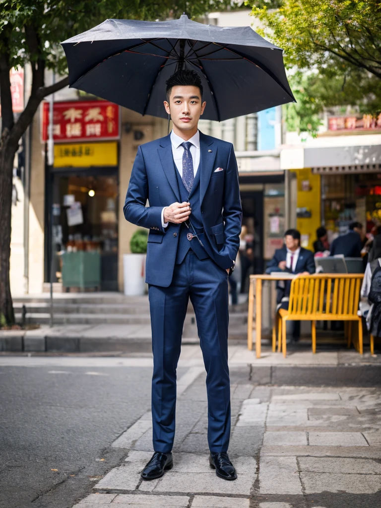 A handsome Chinese man, three-dimensional facial features, full body, Wearing a casual suit, standard proportion, background street, sunny day, holding an umbrella