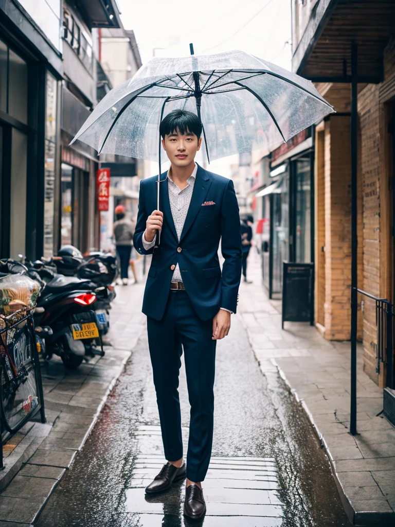 A handsome Chinese man, three-dimensional facial features, full body, Wearing a casual suit, standard proportion, background street, sunny day, holding an umbrella