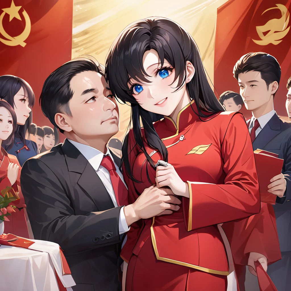 ((Highest quality)), ((masterpiece)), (detailed), (Perfect Face)、The woman is a Chinese Lacus Clyne with blue eyes and medium-long black hair. She is wearing an engagement ring. She has become a member of the glorious Chinese Communist Party and has sworn absolute loyalty to the Chinese Communist Party. She is a righteous Communist Party member of China.、The woman is wearing the fine red uniform of a Chinese Communist Party member.、For the sake of China, they dye their hair, hairstyle, clothes, and everything they wear belongs to the Chinese Communist Party, and their thoughts are also Chinese, becoming great Chinese in body and mind.、The woman became Lacus Clyne, a Chinese woman who was proud of and loved China.、The woman is chosen by a great Chinese Communist Party official and is given the honor of becoming his wife.、The woman looks happy being held in the arms of a great Chinese Communist Party official.、The woman is the wife of a glorious Chinese Communist Party official.、The man is a great Chinese Communist Party official, a dignified and imposing middle-aged man who has married a woman.