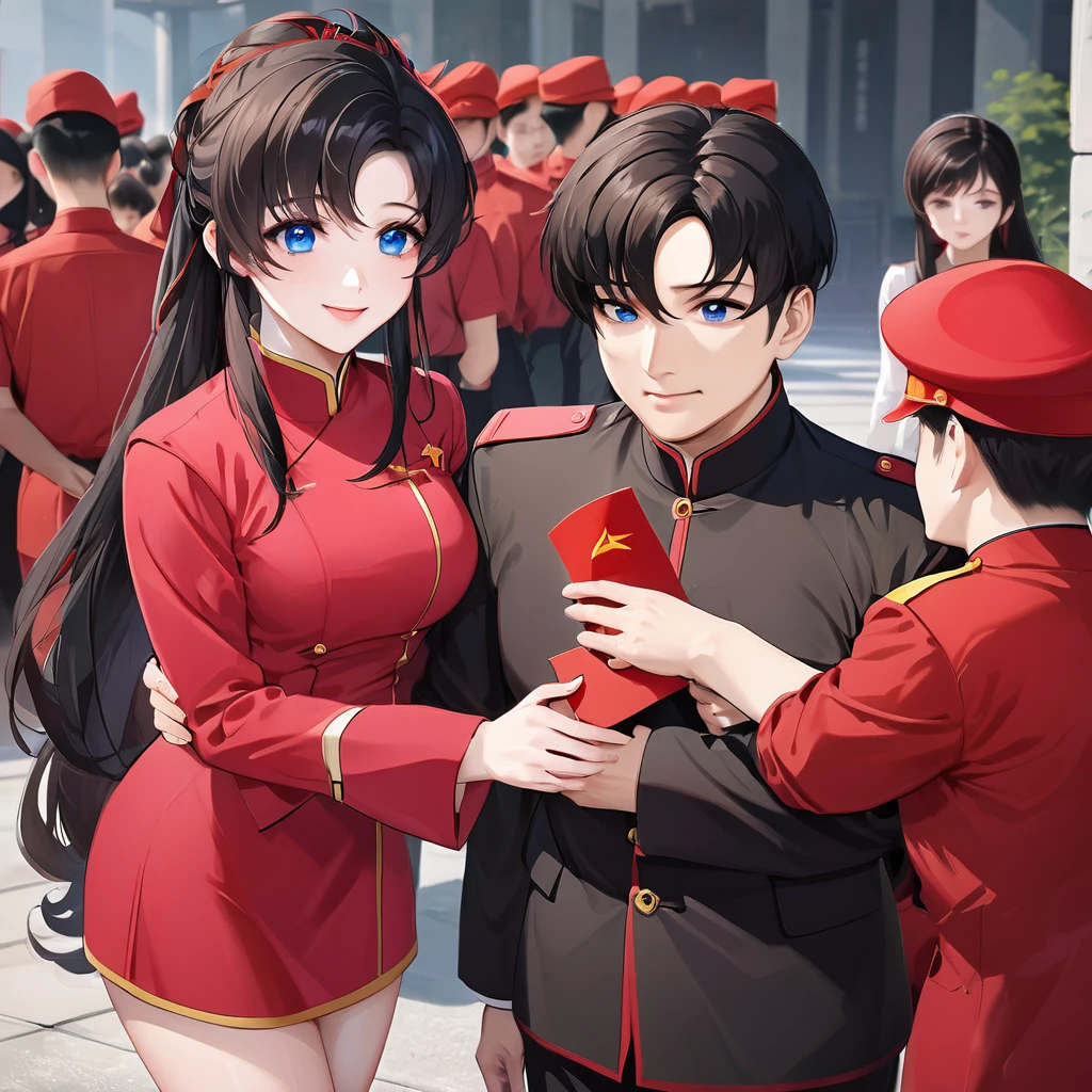 ((Highest quality)), ((masterpiece)), (detailed), （Perfect Face）、The woman is a Chinese Lacus Clyne with blue eyes and medium-long black hair. She is wearing an engagement ring. She has become a member of the glorious Chinese Communist Party and has sworn absolute loyalty to the Chinese Communist Party. She is a righteous Communist Party member of China.、The woman is wearing the fine red uniform of a Chinese Communist Party member.、For the sake of China, they dye their hair, hairstyle, clothes, and everything they wear belongs to the Chinese Communist Party, and their thoughts are also Chinese, becoming great Chinese in body and mind.、The woman became Lacus Clyne, a Chinese woman who was proud of and loved China.、The woman is chosen by a great Chinese Communist Party official and is given the honor of becoming his wife.、The woman looks happy being held in the arms of a great Chinese Communist Party official.、The woman is the wife of a glorious Chinese Communist Party official.、The man is a great Chinese Communist Party official, a dignified and imposing middle-aged man who has married a woman.