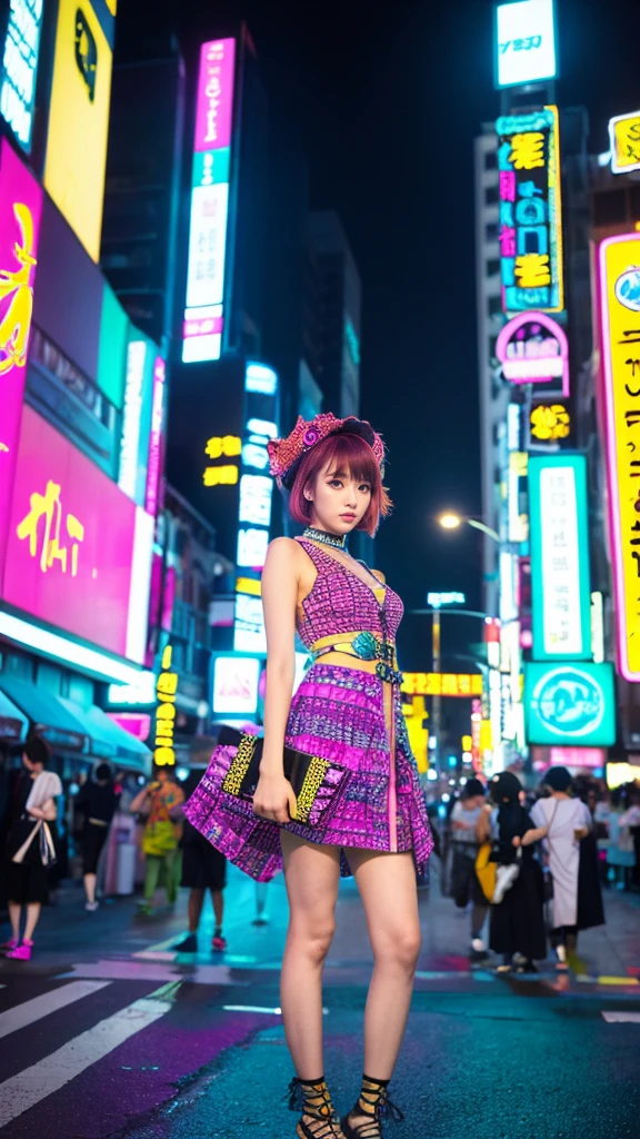 masterpiece、Highest quality、Wearing unique Harajuku style clothing、Mint green stands out、Bold colors and patterns、Eye-catching accessories、Trendy and innovative hairstyles、Bright makeup、Dazzling cyberpunk cityscapes、Skyscraper、Neon Signs、LED Light、Bright and vivid color scheme、anime、shape、Fine skin、High quality fabric、Intricate details、Very detailed、Low - Angle、whole body、vision(avert your eyes:1.4)、Dynamic pose、Short Hair、