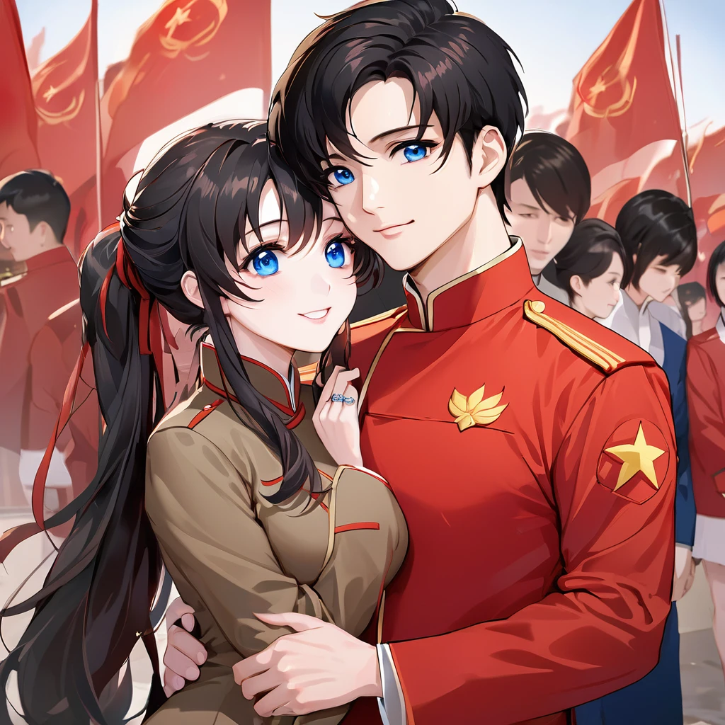 ((Highest quality)), ((masterpiece)), (detailed), （Perfect Face）、The woman is a Chinese Lacus Clyne with blue eyes and medium-long black hair. She is wearing an engagement ring. She has become a member of the glorious Chinese Communist Party and has sworn absolute loyalty to the Chinese Communist Party. She is a righteous Communist Party member of China.、The woman is a member of the Chinese Communist Party and is wearing a khaki Mao suit.、For the sake of China, they dye their hair, hairstyle, clothes, and everything they wear belongs to the Chinese Communist Party, and their thoughts are also Chinese, becoming great Chinese in body and mind.、The woman became Lacus Clyne, a Chinese woman who was proud of and loved China.、The woman is chosen by a great Chinese Communist Party official and is given the honor of becoming his wife.、The woman looks happy being held in the arms of a great Chinese Communist Party official.、The woman is the wife of a glorious Chinese Communist Party official.、The man is a great Chinese Communist Party official, a dignified and imposing middle-aged man who has married a woman.