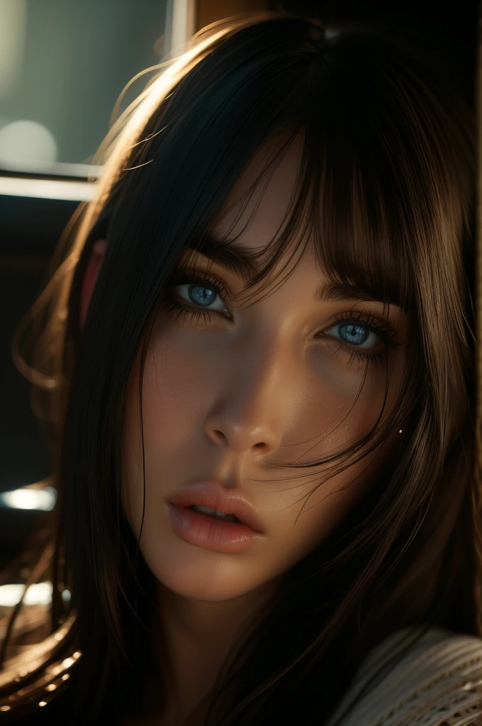 Megan Fox, portrait, ultra-detailed Nordic eyes, bangs, knit sweater, (((masterpiece, ultra-detailed face))).