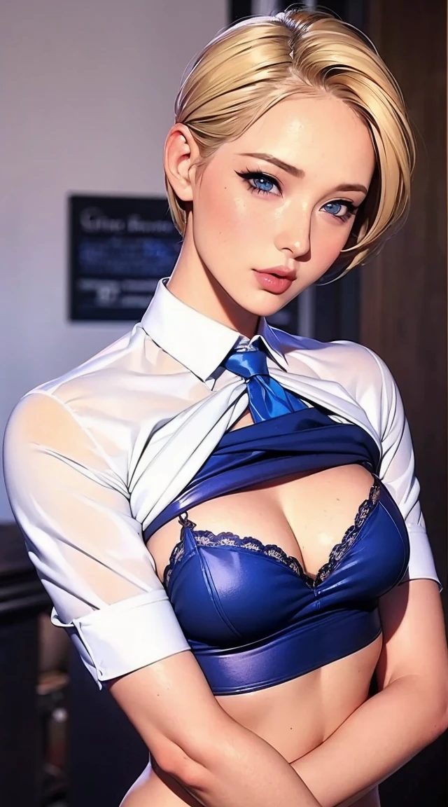 One girl, Blonde, Pointed Ears, blue eyes, Garment Lift, alone, (short hair: 1.2), Flowing Hair, Long eyelashes, eye shadow, Small face, Big eyes, Lift up your shirt, Braiding, View your viewers, lips, Lifted it himself, horse, Upper Body, belly button, Day,White shirt,