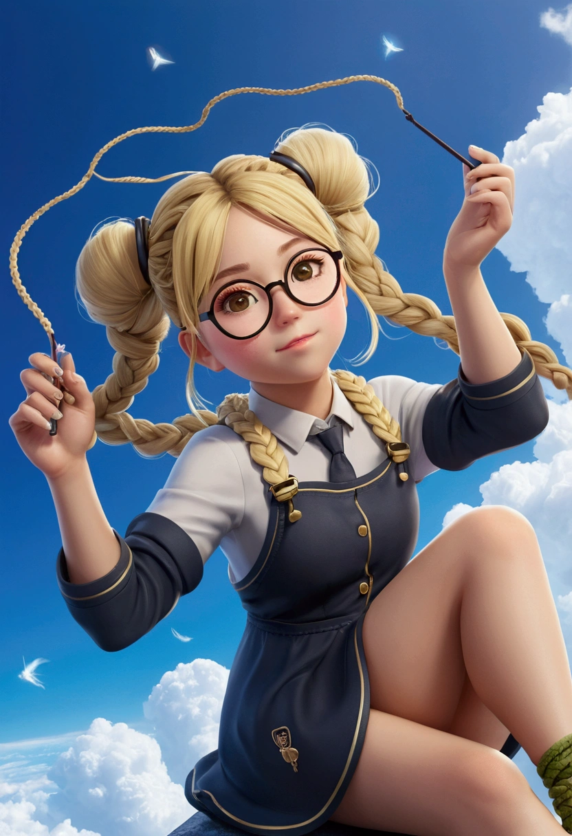 Anime girl with glasses, blonde hair in a braid and sitting on a wand flying in the sky., style RTM germs, ! dream RTM germs, extremely detailed RTM germs, okay, RTM germs lau, IG model | RTM germs, RTM germs jsc, range murata and RTM germs, Kuchart Krenz Key Art Feminine, RTM germs style