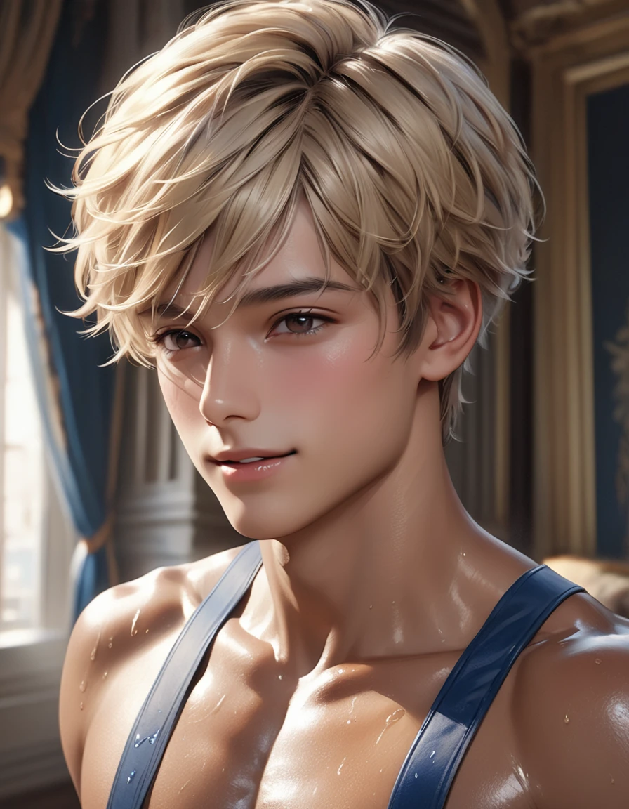 (detailed nipples)high quality, detailed, photo Realistic,(17 years old smiling tanned blond school boys), (detailed black eyes), (blond short hair),(abs),(tanned dark brown shiny skin:1.4), wet chest, blue suspenders,(detailed nipples), palace bedroom, (best quality,4k,8k,highres,masterpiece:1.2), (face close up:0.8),(realistic,photorealistic,photo-realistic:1.37),