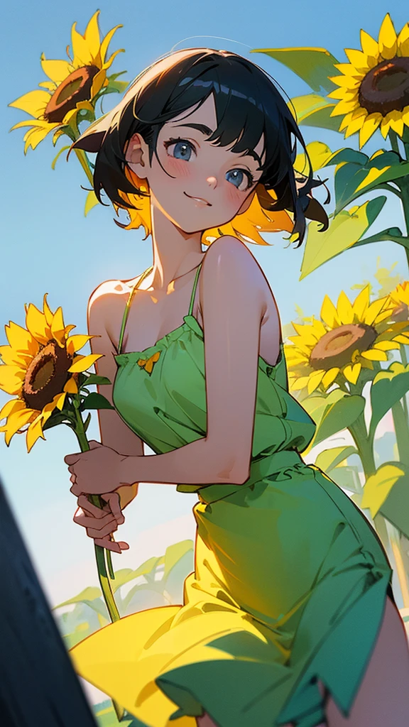  master piece, best quality, for below, cinematic angle, upper body , pigeon toed,  
Anime-style Moe illustration, summer vacation theme, 20-year-old woman, sunflower field, short hair, 
Picnic Maxi Dress, slightly inner thighs, smile, accurate drawing, Active pose, Active Angle, 