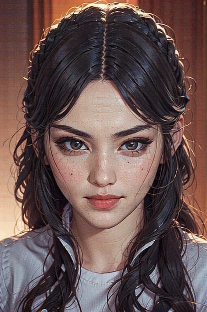 Christina Chong beautiful face, narrowed eyes. smirk. black braided hair