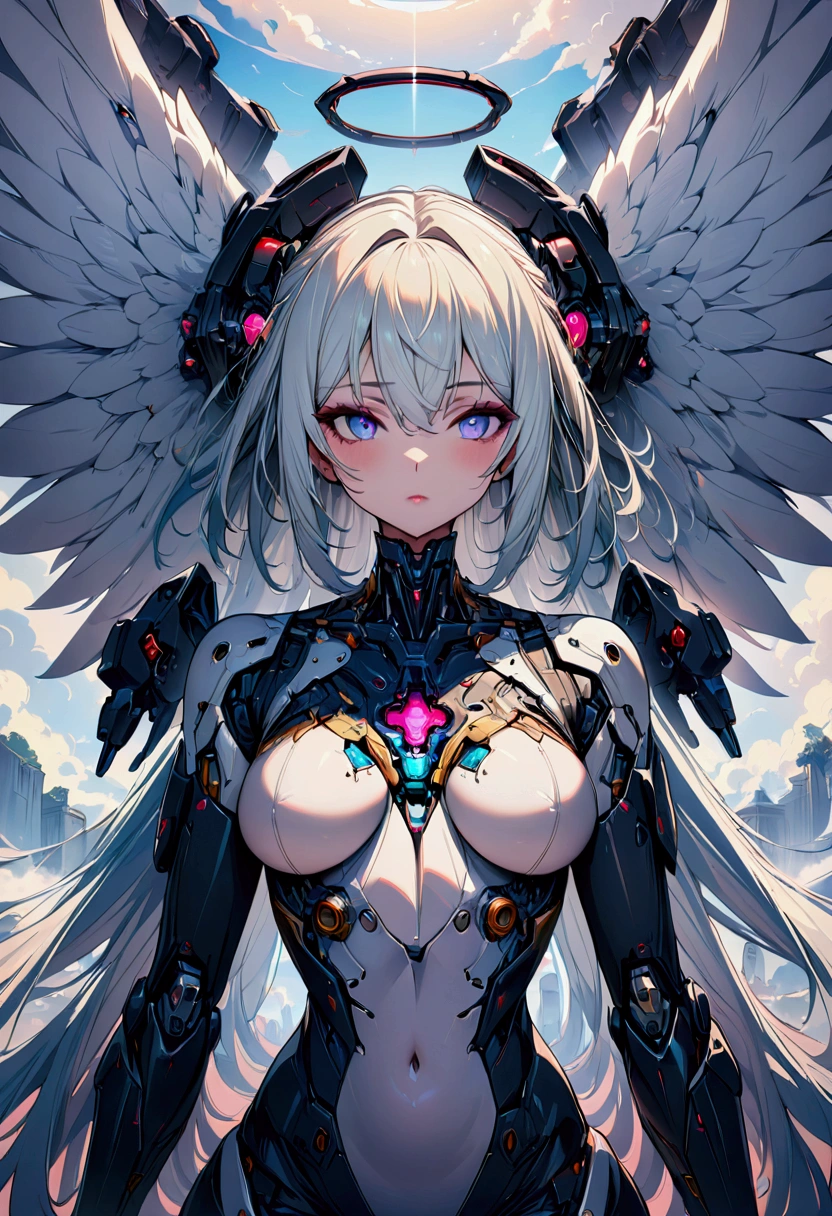 1 girl, cyborg angel, partly mechanised, half of the face is mechanized, angel wings also mechanized, (masterpiece:1.2), 