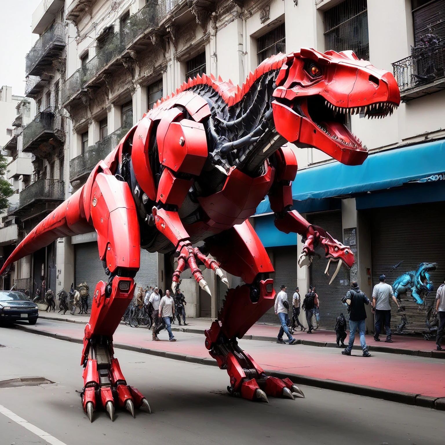 arafed dinosaur statue on a city street with people walking by, a steampunk tyrannosaurus, chrome dino, riding a cyborg raptor, red mech, trex dinosaur, sauroform hybrid, t - rex, t-rex, by Luis Molinari, red biomechanical, red realistic 3 d render, robot made of truck parts, trex