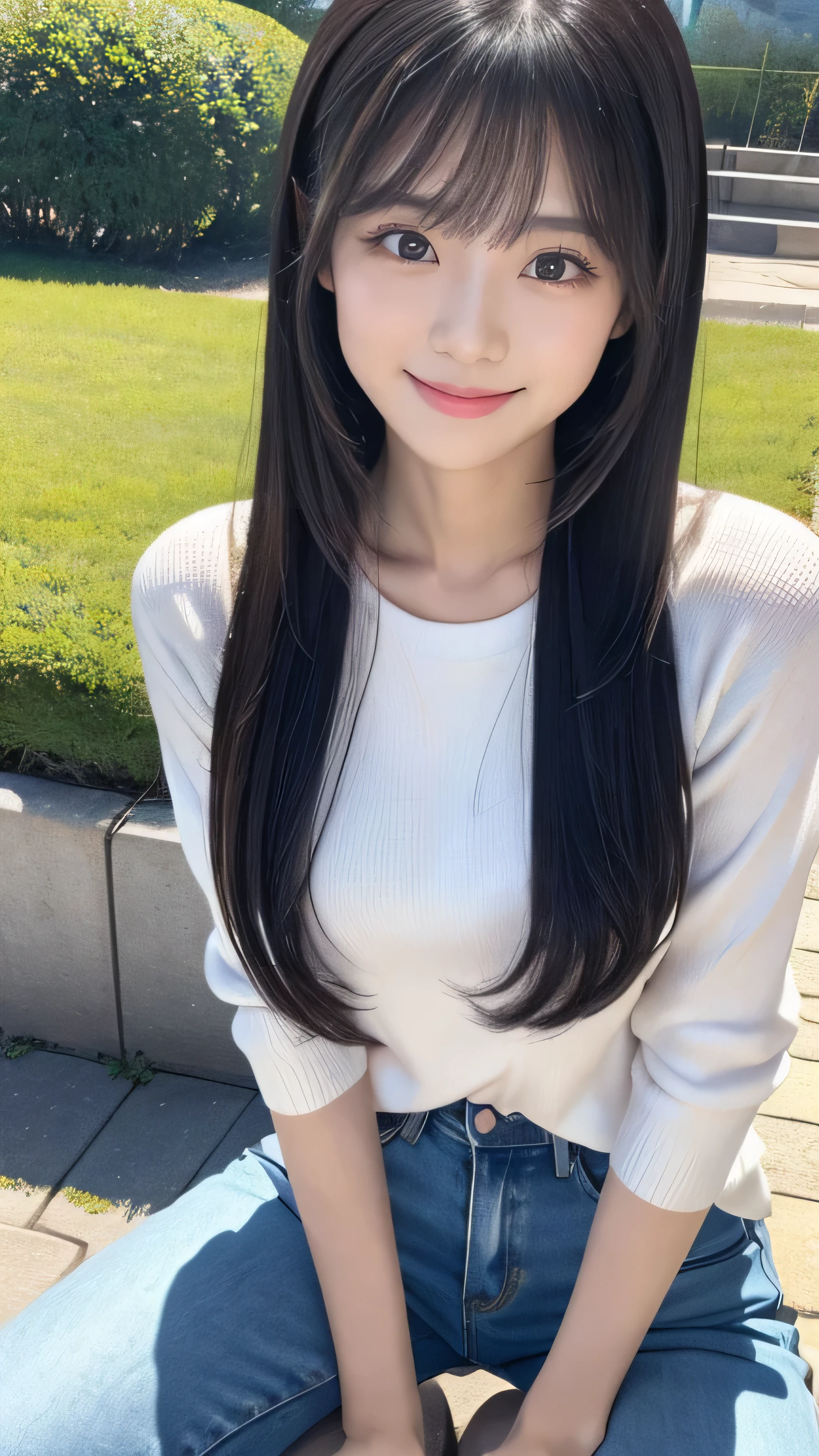 Create an ultra-realistic image of a 21-year-old Japanese woman named Kotone visiting the Fukui Prefectural Dinosaur Museum. She has extremely long, perfectly straight black hair that flows down to her waist, with blunt bangs that cover her forehead. Her eyes are large, enchanting, and have double eyelids with sparkling black pupils, giving them a captivating and youthful appearance. Her face is delicate and innocent, with very thin eyebrows that frame her large, childlike eyes. Kotone's skin is smooth and flawless, resembling snow in its pure white color. She has a slender and well-proportioned body with a shapely bust size of 95 cm, a height of 158 cm, a weight of 43 kg, an ideal waist size of 58.46 cm, and an ideal hip size of 86.73 cm. Her complexion is flawless, without any wrinkles, and her natural makeup enhances her features subtly, maintaining a fresh and youthful look. She embodies a perfect balance of youthful charm and mature elegance, with a cute and innocent smile that adds warmth and affection to her appearance.
Kotone should be depicted inside the Fukui Prefectural Dinosaur Museum, standing next to a large dinosaur skeleton exhibit. She is wearing a stylish and comfortable outfit, such as a fashionable top, skinny jeans, and ankle boots.