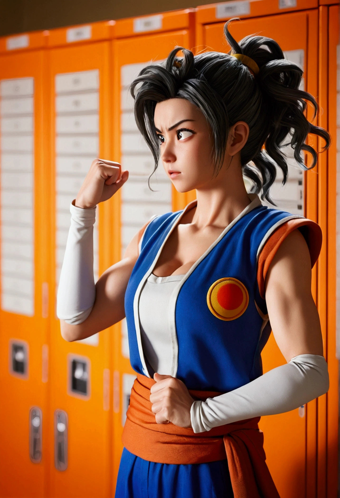 masterpiece, absurdities , (intricate details), (showy),cinematic lighting,bust shot,Extremely detailed CG unity 8k wallpaper ,milk\(dragon ball Z\), 1 girl, Alone,mature woman, arm up, looking at the viewer, sports well, locker room,cowboy shot,