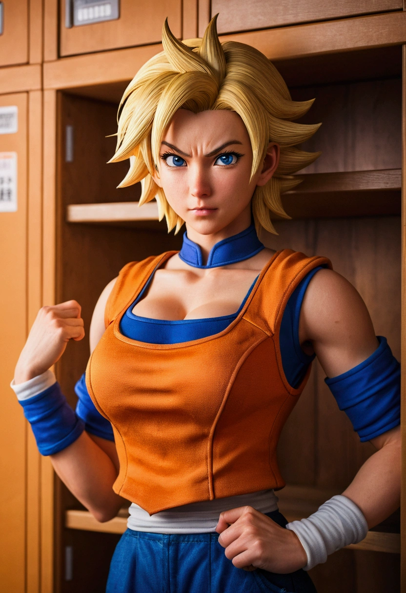 masterpiece, absurdities , (intricate details), (showy),cinematic lighting,bust shot,Extremely detailed CG unity 8k wallpaper ,milk\(dragon ball Z\), 1 girl, Alone,mature woman, arm up, looking at the viewer, sports well, locker room,cowboy shot,