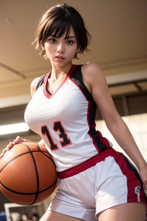 4K，masterpiece，High resolution，Very complicated，Realistically，((Sweaty 1.5))，((Shiny skin 1.5))， whole body，Summer noon， Play basketball，Basketball Pose，Basketball Uniform，Thighs， 1990s\（style\），White skin，(Sweaty cleavage 1.2)， (Highest quality), (High resolution), (Extremely delicate and beautiful),Beautiful 8k face,(Brown eyes),(Beautiful breasts),(Basketball Sportswear),((Play basketball)),((Basketball court background)),， closeup cleavage，Highest quality， RAW Photos， Realistically， Cute face， Buatigarh， Adorable， Pink shorthair， Depth of written boundary， Super detailed， Cinema Lighting