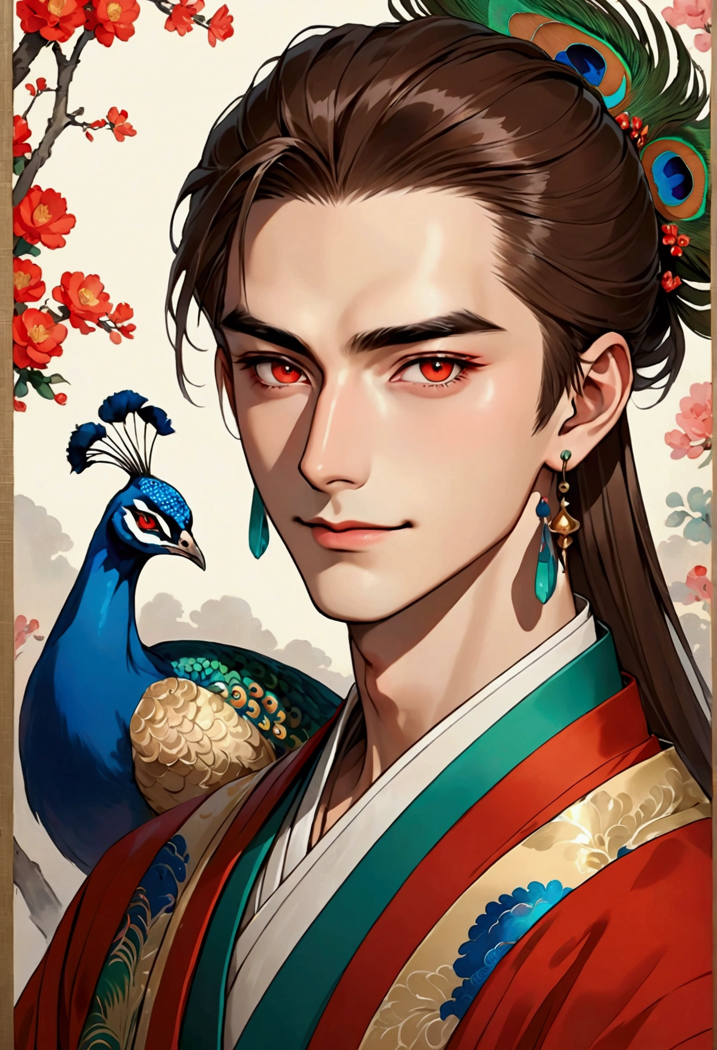 sarcastic young male mage. red eyes. fox-like eyes. narrow eyes. smirk. thin-thin lips. sharp face. thin sharp eyebrows. eyebrows tick. very long brown hair. peacock feather earring in one ear. hanfu