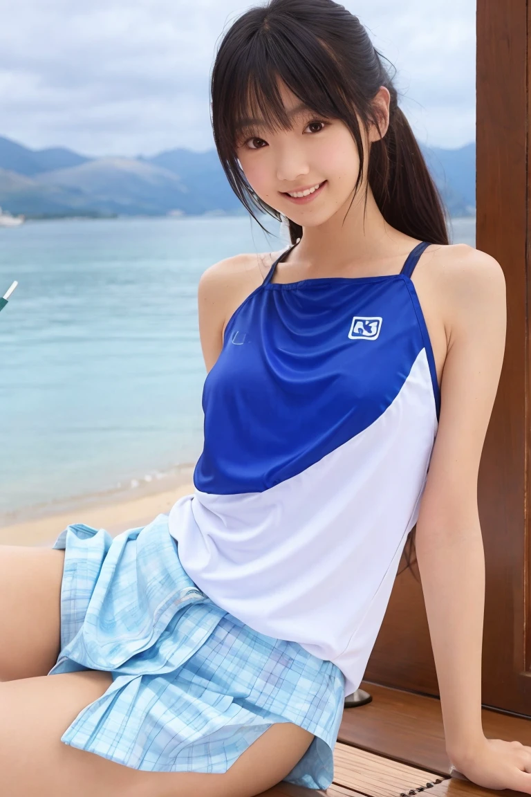 (masterpiece, best quality:1.2), nsfw, 1girl, solo, solo focus, smile, looking at viewer, camisole, miniskirt, pokies, sitting, (leaning forward:1.4), (downblouse:1.3), perfect nipples