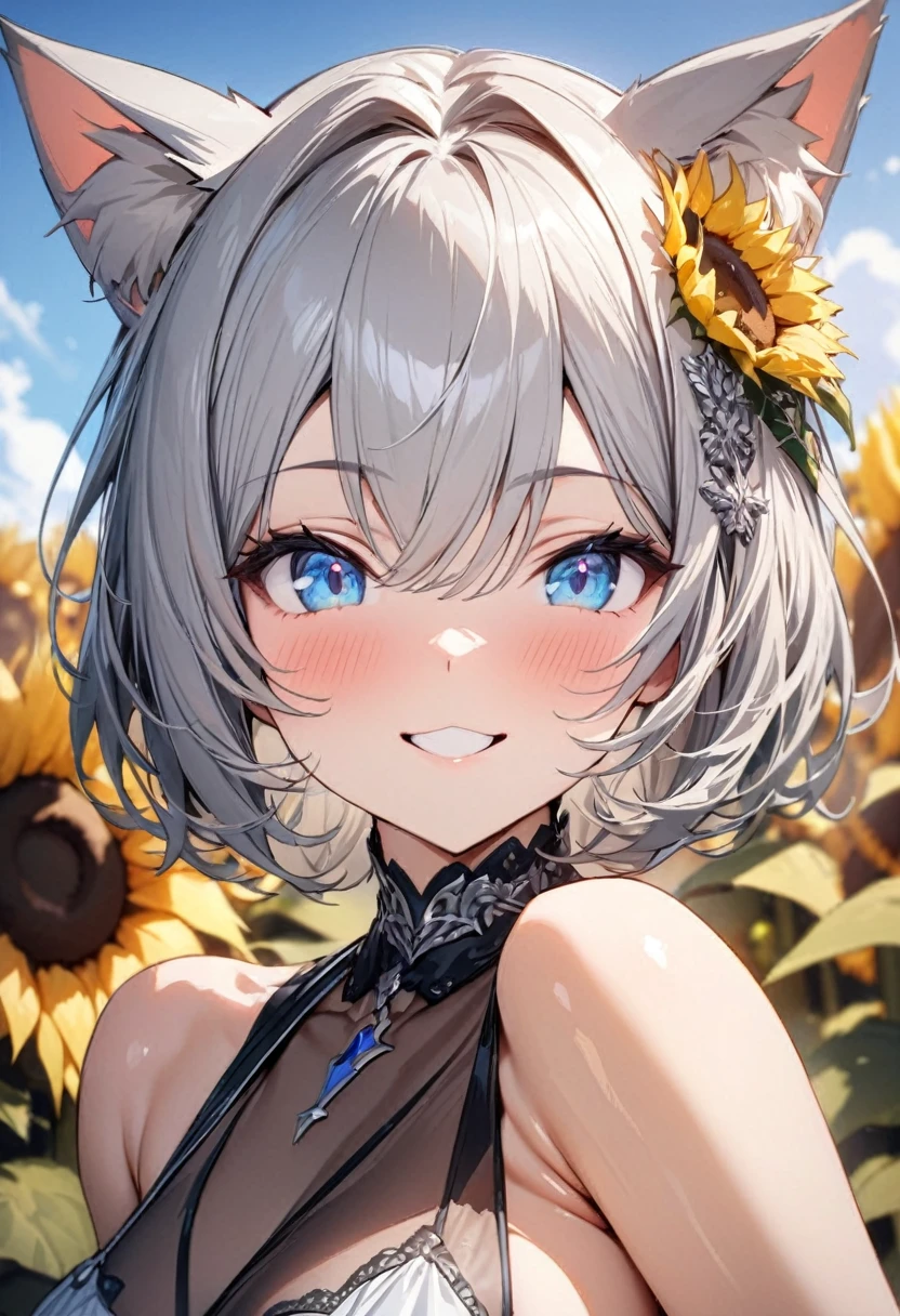 silver bob hair, 1 girl, (((best quality)), ((masterpiece)), (details), masterpiece, best quality, high quality, super detailed, perfect face, ((1 girl, Blue eyes, Cat ears: 1.3 silver bob: 2.5,)),Shiny Hair、Shiny skin、smile、Alluring expression、Sunflower bouquet、Sunflower hair accessory、blue sky、Sunflower field