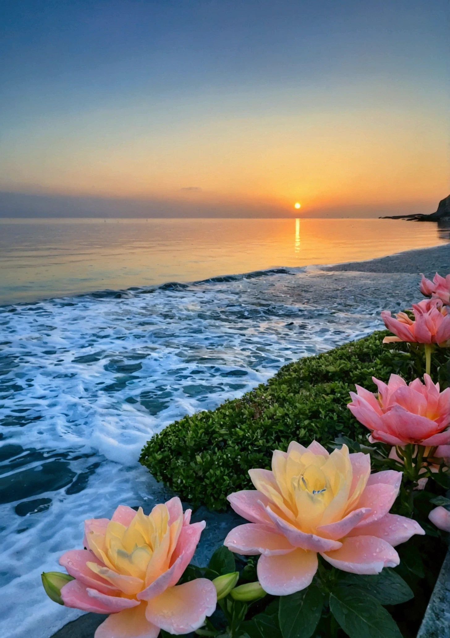 There are many small water drops on some flowers，Background is seaside，The sky is a flaming sunset，Sunset reflected in the water，The whole photo is the color of sunset，best quality, high resolution，masterpiece，High Detail，16K
