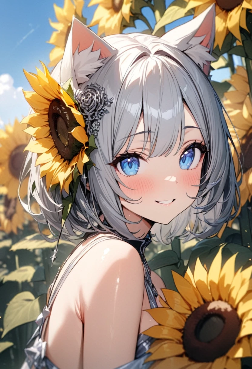silver bob hair, 1 girl, (((best quality)), ((masterpiece)), (details), masterpiece, best quality, high quality, super detailed, perfect face, ((1 girl, Blue eyes, Cat ears: 1.3 silver bob: 2.5,)),Shiny Hair、Shiny skin、smile、Alluring expression、Sunflower bouquet、Sunflower hair accessory、blue sky、Sunflower field