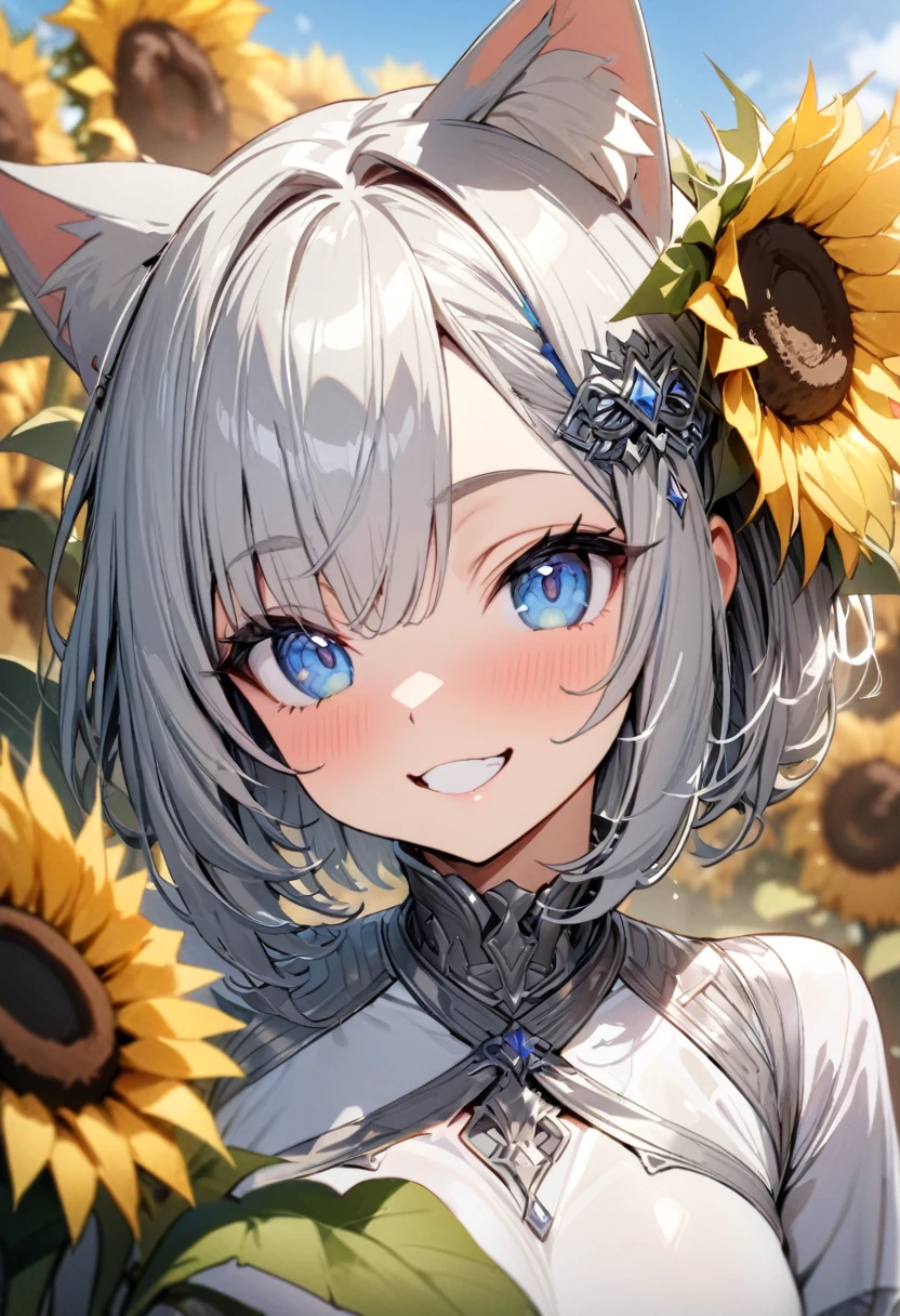 silver bob hair, 1 girl, (((best quality)), ((masterpiece)), (details), masterpiece, best quality, high quality, super detailed, perfect face, ((1 girl, Blue eyes, Cat ears: 1.3 silver bob: 2.5,)),Shiny Hair、Shiny skin、smile、Alluring expression、Sunflower bouquet、Sunflower hair accessory、blue sky、Sunflower field