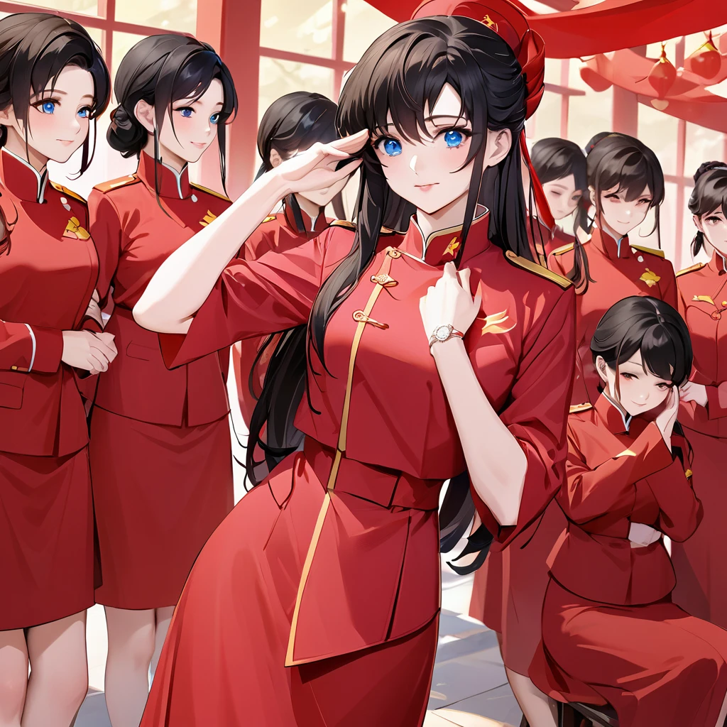 ((Highest quality)), ((masterpiece)), (detailed), (Perfect Face)、The woman is a Chinese Lacus Clyne with blue eyes and medium-long black hair. She is wearing an engagement ring. She has become a member of the glorious Chinese Communist Party and has sworn absolute loyalty to the Chinese Communist Party. She is a righteous Communist Party member of China.、The woman is wearing the fine red uniform of a Chinese Communist Party member.、For the sake of China, they dye their hair, hairstyle, clothes, and everything they wear belongs to the Chinese Communist Party, and their thoughts are also Chinese, becoming great Chinese in body and mind.、The woman became Lacus Clyne, a Chinese woman who was proud of and loved China.、She is working for China as a member of the great Chinese Communist Party.、The woman and her fellow Communist Party members lined up in an orderly fashion at the ceremony, saluting the beloved and great President of the Nation and pledging allegiance with all their hearts.