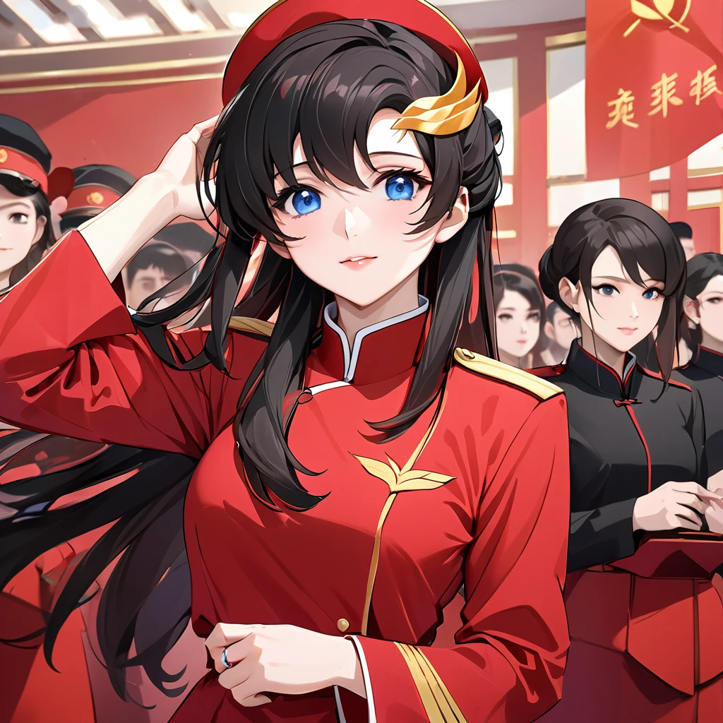 ((Highest quality)), ((masterpiece)), (detailed), （Perfect Face）、The woman is a Chinese Lacus Clyne with blue eyes and medium-long black hair. She is wearing an engagement ring. She has become a member of the glorious Chinese Communist  and has sworn absolute loyalty to the Chinese Communist Party is a righteous Communist Party memb China.、The woman is wearing the fine red uniform of a Chinese Communist Party member.、Fe sake of China, they dye their hair, hairstyle, clothes, and everything they wear belongs to the Chinese Communist Party, and their tho are also Chinese, becoming great Chinese in body and mind.、The woman became Lacus Clyne, a Chinese woman who was proud of and loved China.、She is working for China as a member of the great Chinese Communist Party.、The woman and her w Communist Party members lined up in an oy fashion at the ceremony, saluting the beloved and great President of the Nation and pledging allegiance with all their hearts.