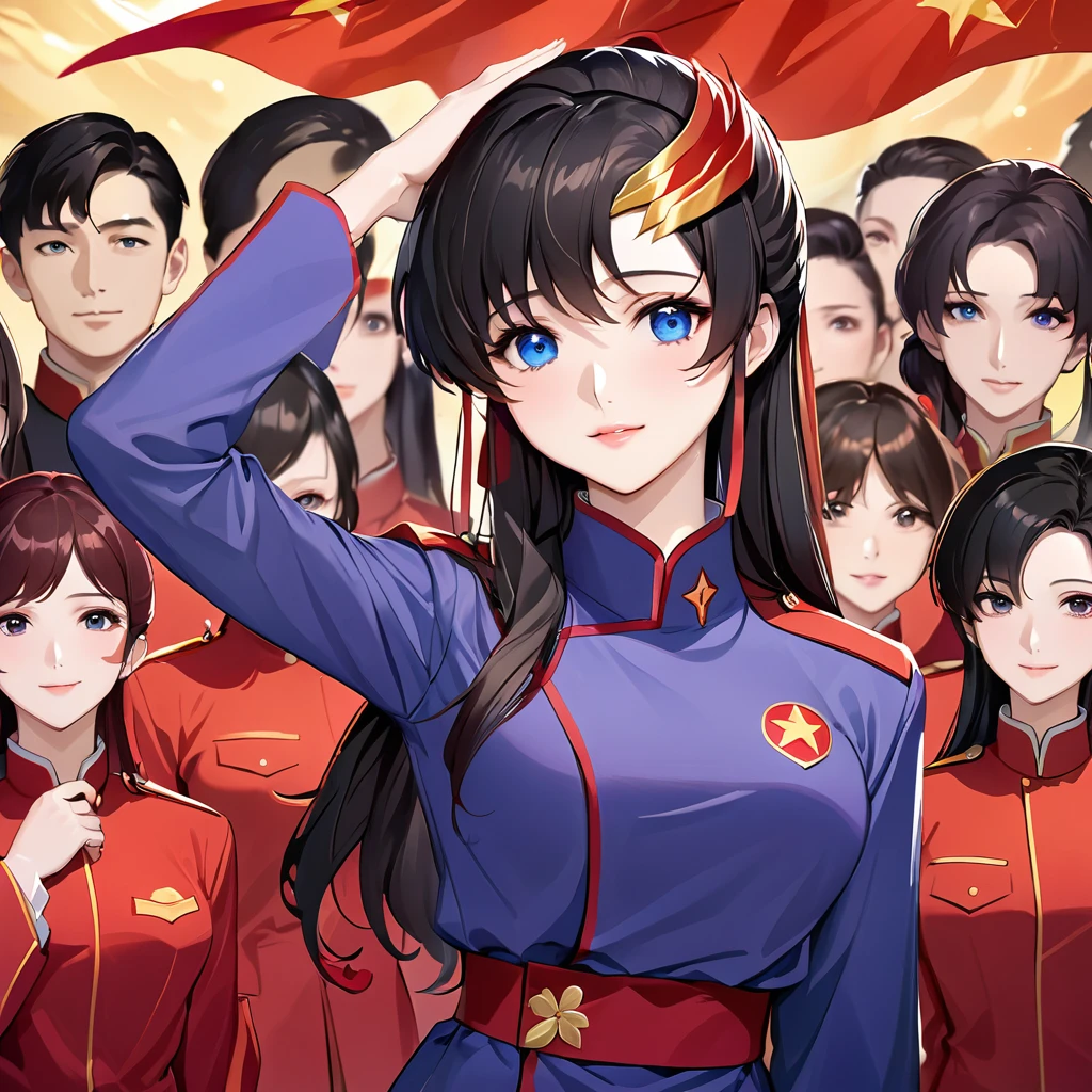((Highest quality)), ((masterpiece)), (detailed), (Perfect Face)、The woman is a Chinese Lacus Clyne with blue eyes and medium-long black hair. She is wearing an engagement ring. She has become a member of the glorious Chinese Communist Party and has sworn absolute loyalty to the Chinese Communist Party. She is a righteous Communist Party member of China.、The woman is wearing the fine red uniform of a Chinese Communist Party member.、For the sake of China, they dye their hair, hairstyle, clothes, and everything they wear belongs to the Chinese Communist Party, and their thoughts are also Chinese, becoming great Chinese in body and mind.、The woman became Lacus Clyne, a Chinese woman who was proud of and loved China.、She is working for China as a member of the great Chinese Communist Party.、The woman and her fellow Communist Party members lined up in an orderly fashion at the ceremony, saluting the beloved and great President of the Nation and pledging allegiance with all their hearts.